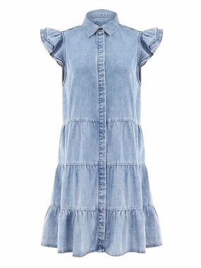 Alice + Olivia Light Blue Denim Button-Up Dress with Ruffle Cap Sleeves